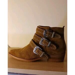 Aqua Blane Brown Leather Studded Ankle Boots Western Zipper Buckle 6M FLAW